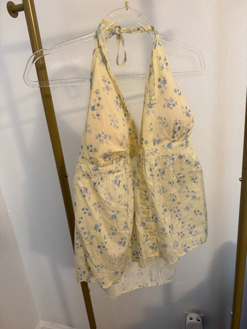 NWT Hollister Easy Halter Blouse XXL Yellow Blue Floral Button Front